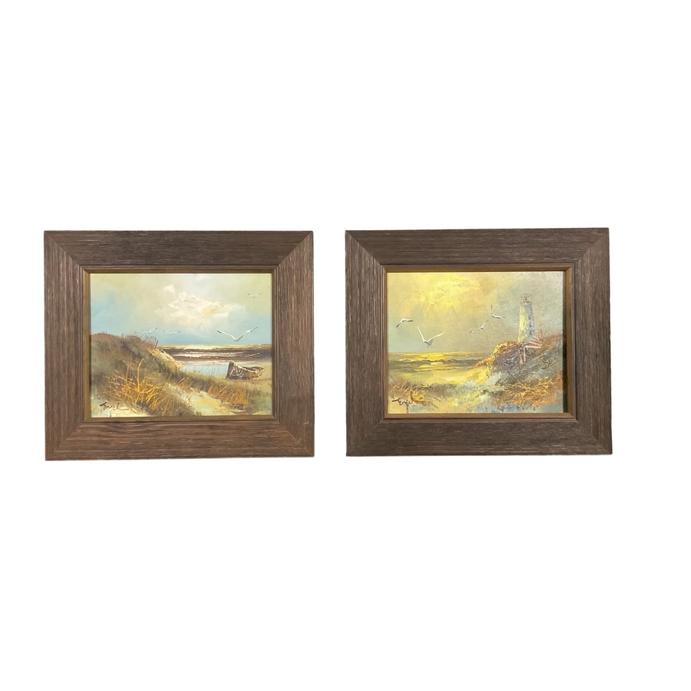 VTG Engel Orig Oil Paintings Set of 2 Nautical Lighthouse Seascape Wood Frames